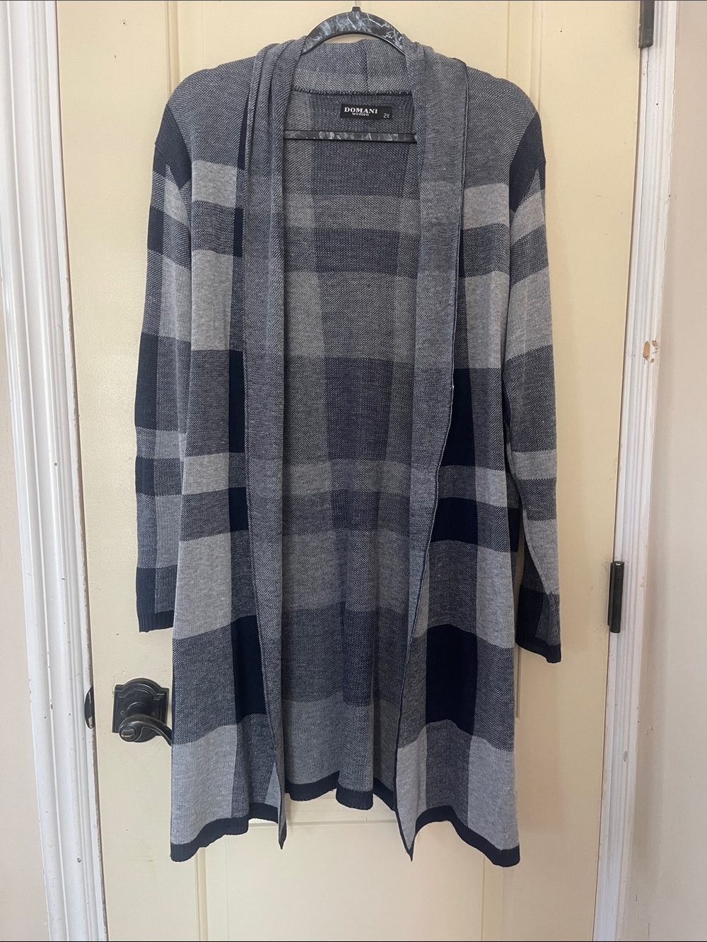 Doma Navy and Gray Open-Front Plaid Cardigan